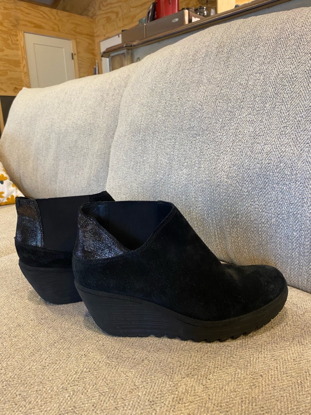 Fly London Black Suede Wedge Ankle Boots
